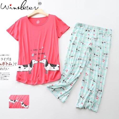 Dachshund Printed Pajamas for Women Knitted Sleepwear 2 Pcs Set Plus Size 3XL Short Sleeve Lounge Thin Summer T13809A
