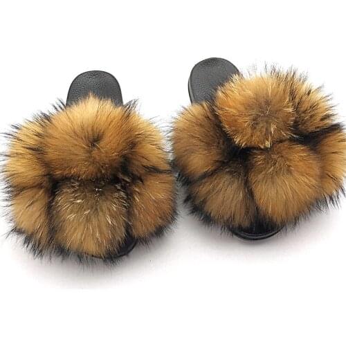 Fur Slippers Women Furry Slides Summer Fluffy Slippers House Shoes Woman Real Fur Slides Home Wholesale Womens Fur Fox Slippers