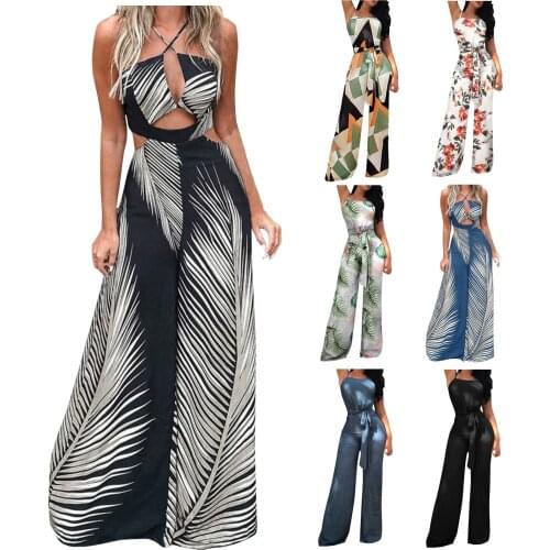 Women Sexy Sleeveless Overalls Jumpsuit Casual Print Palm Leaf Print Cutout Wide Pant Fashion All-Match ropa mujer verano 2021