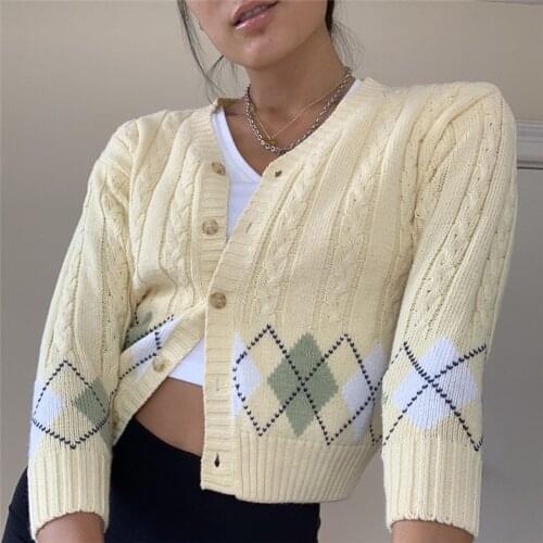Women Autumn Cute Casual Knitted Sweater V Neck Jumper Vintage Ladies Streetwear Yellow Y2K Argyle Cropped Cardigan