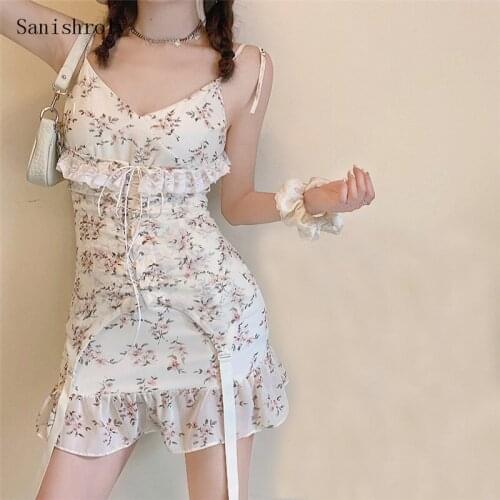 Sanishroly 2021 Women Floral Print Sling Dress V-Neck Tie Lace Spaghetti Strap Dresses Lady A-Line Ruffle Mini Bodycon Vestidos