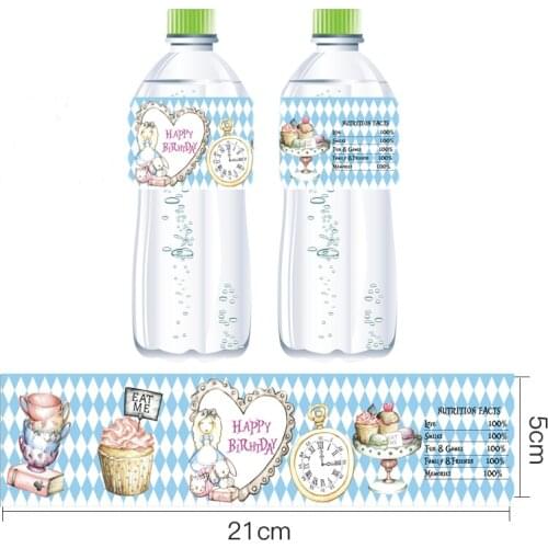 Omilut 12pcs Alice Birthday Party Sticker Alice in Wonderland Mnana Mineral Water Bottle Label Cartoon Alice Rabbit/Cat/Teapot S