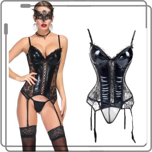 2021 Women Sexy Patent Leather Lace Splicing Corsets Black Gothic Steampunk Sling Lingerie Set Slim Waist Corsets