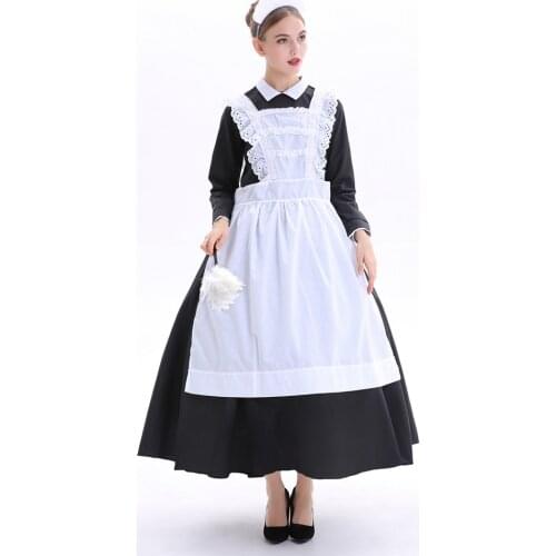 Black Womens England Maid Long Dress Costume for Bavarian Tradition Beer Waitress Maid Costumes Plus Size S-3XL