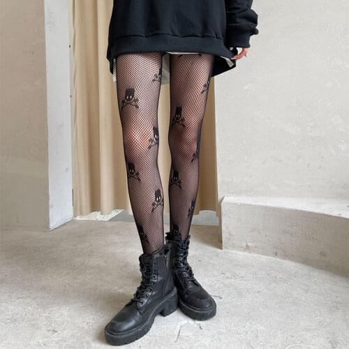 Black Sexy Stockings Skull Print Women Fishnets Stockings Set Punk Goth Party Pantyhose Club Happy Socks
