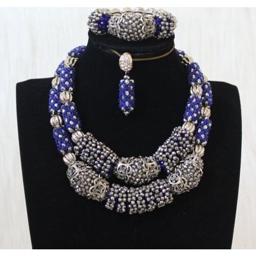 Dudo Nigerian jewelry Sets For Women 2 Layers Bold Handmade Dark Blue Necklace Earrings Bracelet 3 Pcs Accessories 2020 New