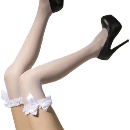 Erotic White Thigh high Fishnet Stockings Sexy Wedding Bow Knot Lady Pantyhose Middle Tube Lady Stocking