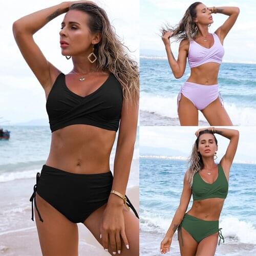 2PCS Summer Womens Sexy Swimsuit V-neck Push Up Bra High Waist Underwear Set Women Belted Bikini Mini Bathing Suit Beach Wear