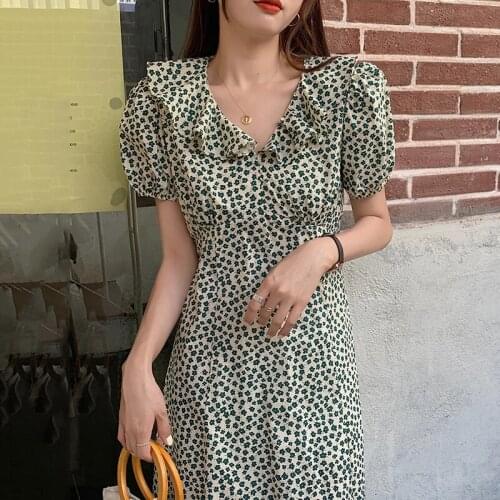 Korean Chic Style Retro Lotus Leaf Collar Full Screen Small Floral Lace-Up Waist Knee-Length Long Puff Sleeve Dress