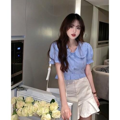 Short Summer Blouses Sweet College Doll Peter Pan Collar Short Puff Sleeve Blouse Shirt Crop Tops
