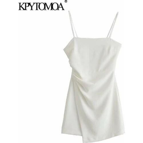 KPYTOMOA Women 2021 Fashion With Gathered Wrap Asymmetric Mini Dress Vintage Backless Zipper Thin Straps Female Dresses Vestidos