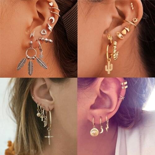 Bohemian Mixed Geometric Small Stud Earrings Set Simple Cute Ear Cuff Cactus Eye Star Moon Tiny Earrings for Women