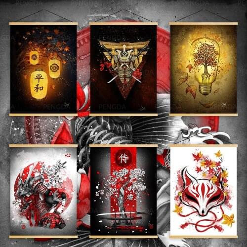 Home Decoration Japan Anime Wall Artwork Picture Wooden Scroll Hanging Fox Animal Painting Print Canvas Poster For Living Room