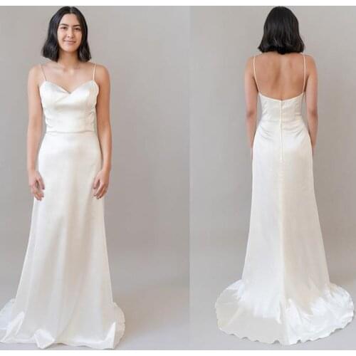 Sheath Beautiful Simple Satin Vestidos Formal Wedding Dress Sweetheart Neck Spaghetti Strap White Backless Long Robe Prom Dress