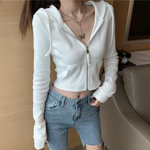 Autumn 2020 new long-sleeved short hooded knitted jacket female fashion zipper up coat women slim tops