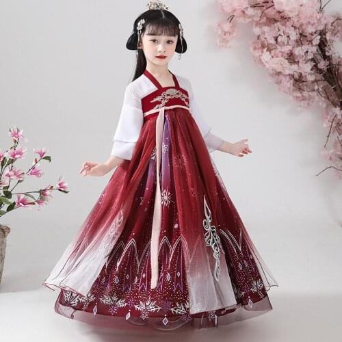 Chinese Girls Hanfu Dress For Kids Vintage Flower Girl Dress Children Ancient Fairy Princess Photo Shoot Perform Dress Cosplay