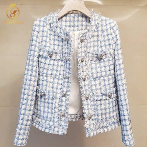 SMTHMA 2021 New Autumn Winter Tassel Plaid Tweed Woolen Jackets Women O-Neck Double Buttons Elegant Ladies Office Outwear