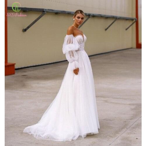 SSYFashion New Sexy White Wedding Dress for Women Bride Sweetheart Lantern Sleeve A-line Beach Wedding Gown Vestido De Novia