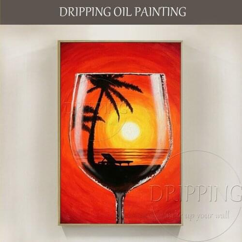Unique Design Artist Hand-painted Oil Painting Beach Landscape in Wine Glass Pictures for Wall Decor Handmade Wine Oil Painting