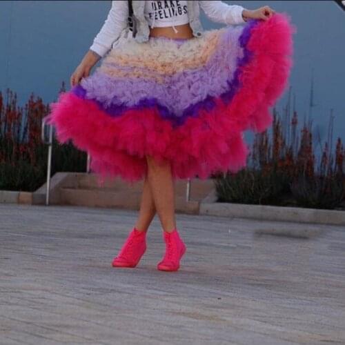 Fashion Adult Tutu Skirts Multicolor Tulle Unique Rainbow Ombre Knee Length Tulle Skirts Female Summer Party Skirt Free Shipping