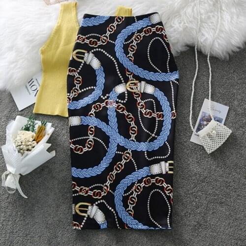 Womens Pencil Skirt Summer Graffiti 2020 New Fashion Chain Print High Waist Stretch Ladies Slim Skirts Large Size Female Falda
