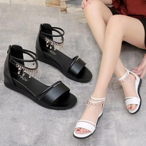 Roman Sandals Women 2021 Korean Womens Sandals Open-toe Wedges Rhinestone Womens Shoes Inner Height Zipper Shoes Women
