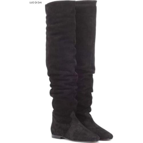 2020 new women thigh high boots flat heel booties black suede women winter boots ladies casual long leather boots slip on