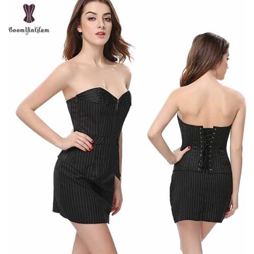 High quality wholesale price office ladies chocie front zipper pinstriped corset with A shaped skirt Daily Wear Bustier Top Sexy