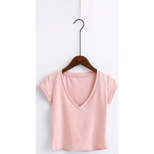 Women Knitted cotton crop top Short Sleeve Top sexy V-neck Solid Tees summer elastic Slim Knitwear Short T-shirt 5 colors