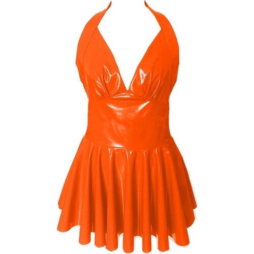 Women Backless V-neck Mini Pleated Dress Shiny PVC Faux Leather Halter A-line Dresses Sexy Wet Look Night Club Party Costume