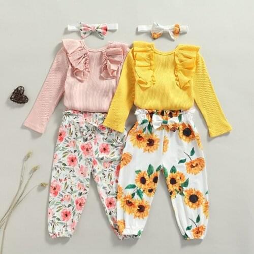 2021 Toddler Kids Baby Girl Long Sleeve Cotton T-shirt Tops Floral Long Pant Headband 3PCS Autumn Clothes Set