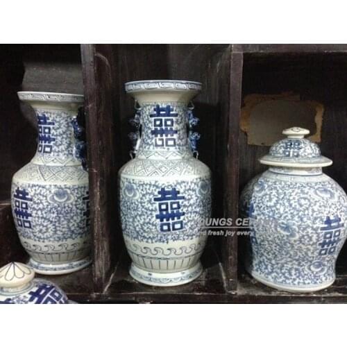 Large Antique Chinese Hand Painted Blue And White Ceramic Porcelain Vases With Double Happiness Design