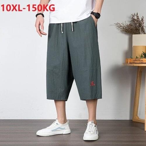Summer men casual home Pants cotton linen Chinese style trousers large size 8XL 9XL 10XL wide leg Comfortable straight Pant blue