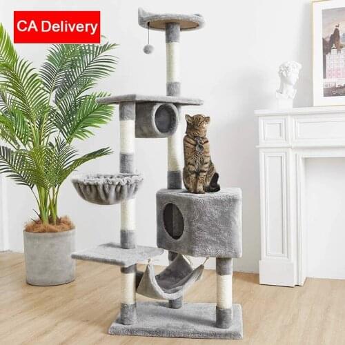 62-inches Faux Fur Cat Tree & Condo with Hammock Roomy Condo Light Gray Medium Big Cat Tower Cat Climbing Toy Home Furniture
