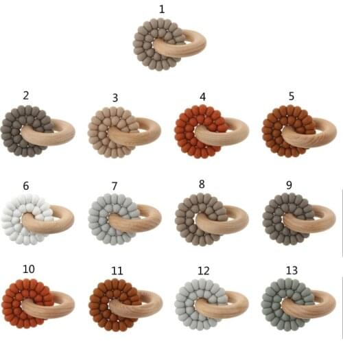 Baby Silicone & Natural Wooden Teether Ring Infant Bangle Teether Toys Develop Sensory Skills Montessori Toy GXMB