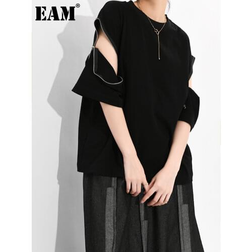 [EAM] Women Black Hollow Out Zipper Big Size Casual T-shirt New Round Neck Half Sleeve Fashion Spring Summer 2021 1DD736701