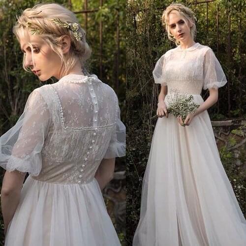Lace Vintage Wedding Dresses A-Line Collar O Neck Bridal Gown Short Puffy Sleeves Wedding Gowns Vestido De Novia Country Style