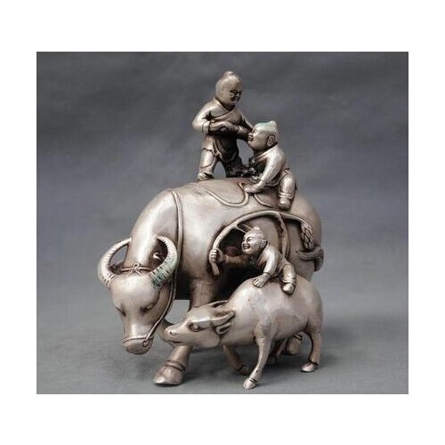 Copper Brass Home Metal Crafts Collectible 8'' China Silver Three Children Kids Ride Cow Bronze Statue