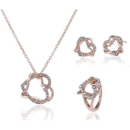 Cute Hearts Gold Womens Ladies Party Crystal Jewelry Set 925 Sterling Silver Necklace Earrings Set Holiday Gifts Wholesale