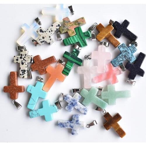 Fashion hot sell natural stone mixed color assort cross pendants Charms fit Necklaces jewelry making Wholesale 24pcs/lot