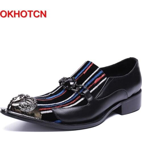 OKHOTCN Hot sale fashion genuine leather man shoes color stripe metal pointed toe decor gentleman business wedding party shoes