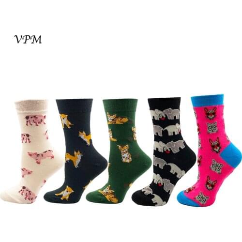 VPM Harajuku Womens Socks Colorful Cartoon Funny Animal Elephant Pig Cat Dog Pattern Funny Sock for Girl Gift 5 Pairs/Lot