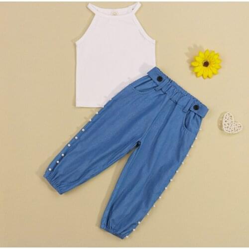 Toddler Baby Girls Summer 2Pcs Tracksuit Solid Sleeveless O-Neck Tank Tops + Beading High-Waist Loose Denim Pants Kids Outwear