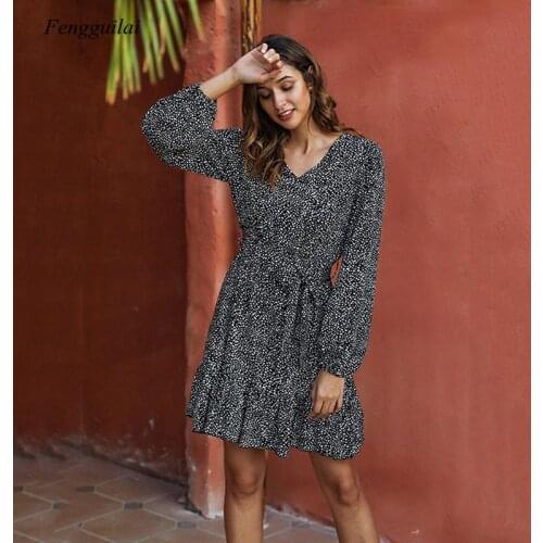 Summer Knot Sexy V-Neck Long Sleeve Dress Femme Printed Women Dress Boho Floral Short Mini Dress Vestido De Mujer