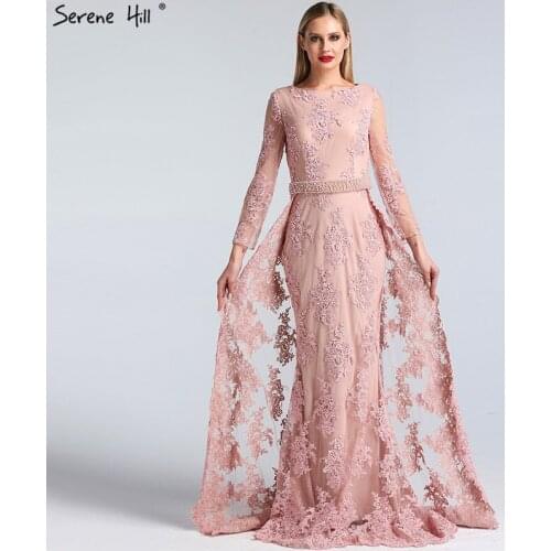 Pink O-Neck Long Sleeves Lace Evening Gowns 2020 Pearls Sequined Mermaid Formal Party Dresses Real Photo LA60982