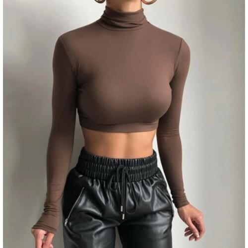 Chic Fashion Turtleneck Long Sleeve Short Womens Top Solid Basic T-Shirts Sexy Top Cropped Streetwear