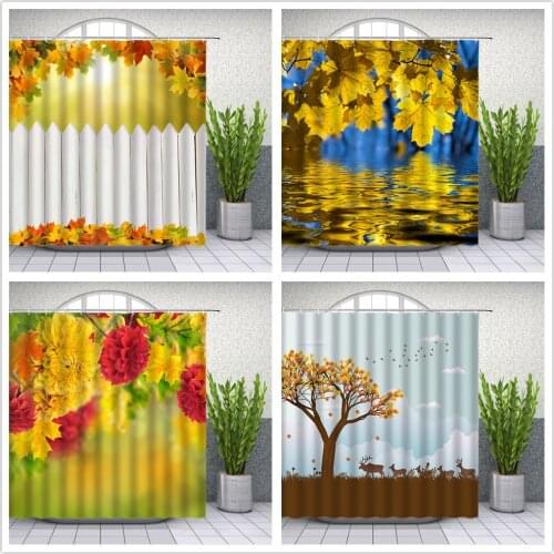 Leaves Shower Curtains 3D printing Autumn Forest Yellow leaf Flowers Big tree Bathroom Decor Waterproof Cloth Curtain Set Cheap