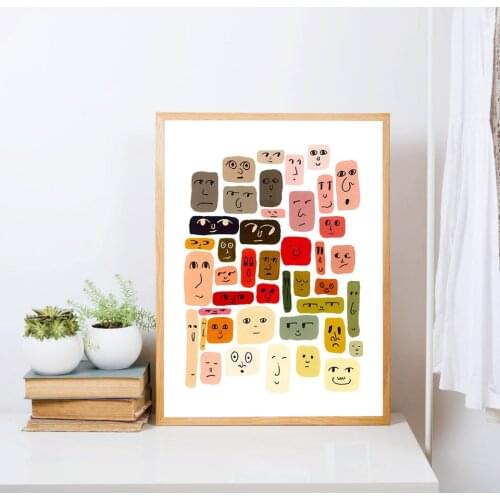 Mid Century Modern Colorful Bohemian Art Print Canvas Painting Abstract Faces Color Swatches Aesthetic Wall Pictures Room Decor