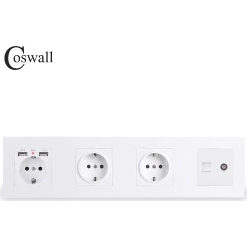 COSWALL Triple Wall EU Socket Grounded + Dual USB Charging Port With Soft Backlight + Female TV & RJ45 Internet Outlet PC Panel