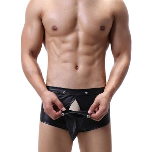 Sexy Men Boxers Open Crotch Faux Leather Lingerie Underwear Stage Costume Penis Pouch Black Boxer Shorts hombre Boxershorts